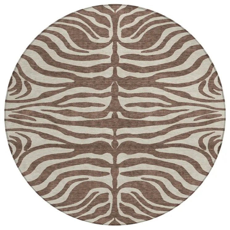 8' Brown And Beige Round Animal Print Washable Indoor Outdoor Area Rug