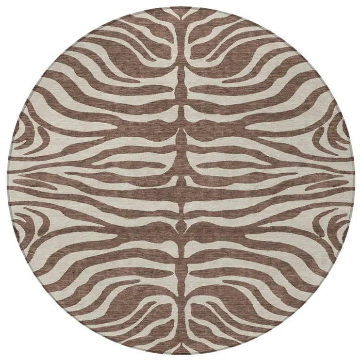 8' Brown And Beige Round Animal Print Washable Indoor Outdoor Area Rug
