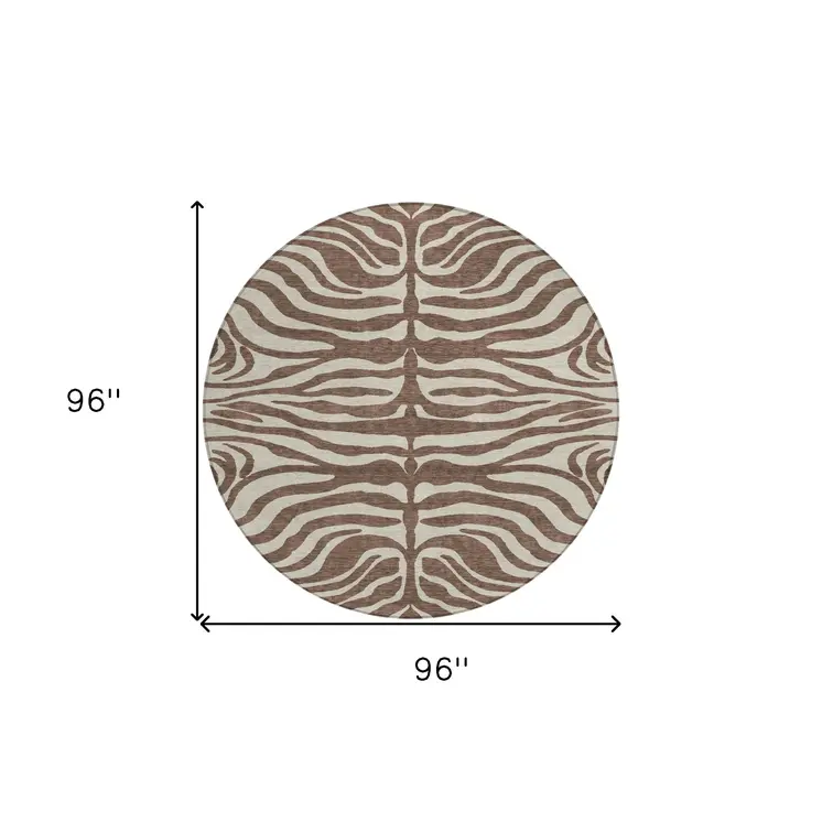 8' Brown And Beige Round Animal Print Washable Indoor Outdoor Area Rug