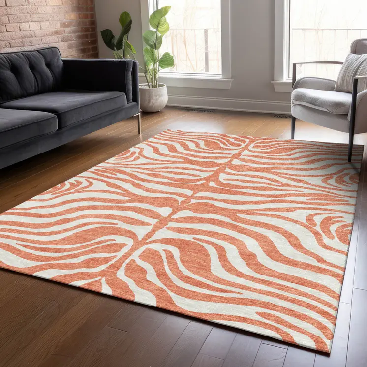 5' X 8' Coral And Ivory Animal Print Washable Indoor Outdoor Area Rug