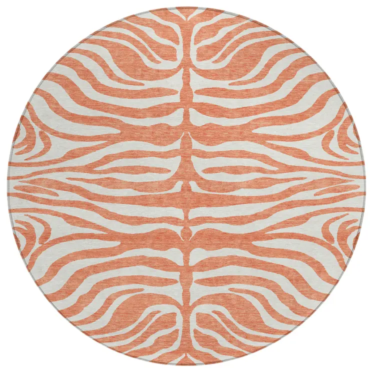 8' Coral And Ivory Round Animal Print Washable Indoor Outdoor Area Rug