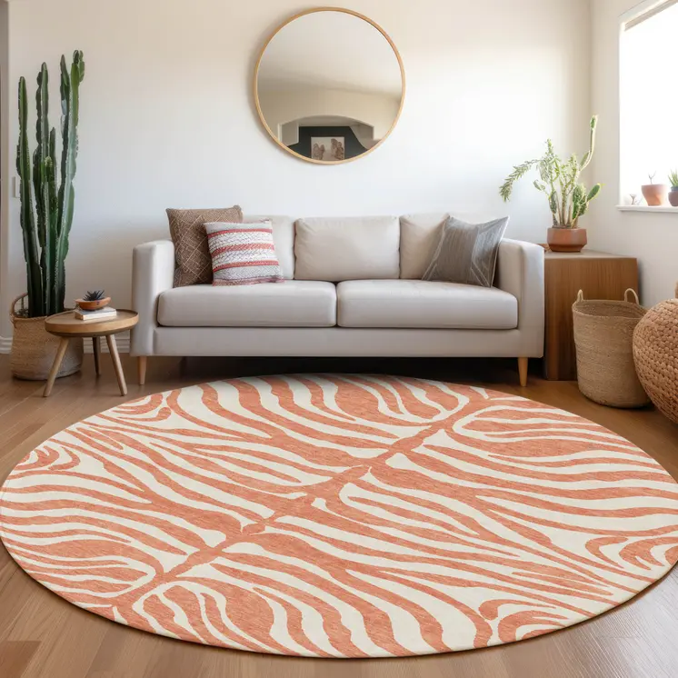 8' Coral And Ivory Round Animal Print Washable Indoor Outdoor Area Rug