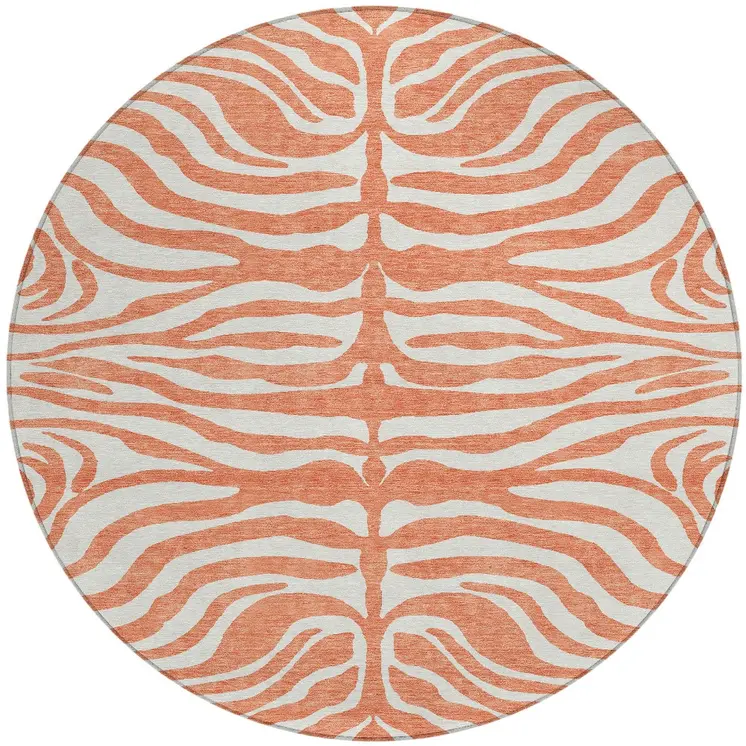 8' Coral And Ivory Round Animal Print Washable Indoor Outdoor Area Rug