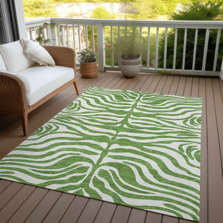 5' X 8' Green And Ivory Animal Print Washable Indoor Outdoor Area Rug