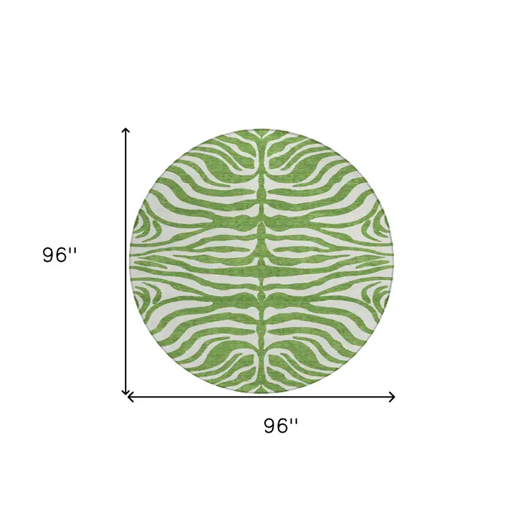 8' Green And Ivory Round Animal Print Washable Indoor Outdoor Area Rug