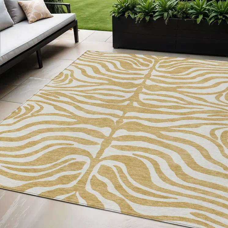 5' X 8' Gold And Ivory Animal Print Washable Indoor Outdoor Area Rug