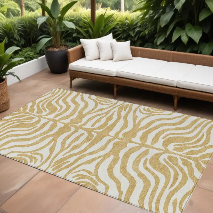 10' X 14' Gold And Ivory Animal Print Washable Indoor Outdoor Area Rug