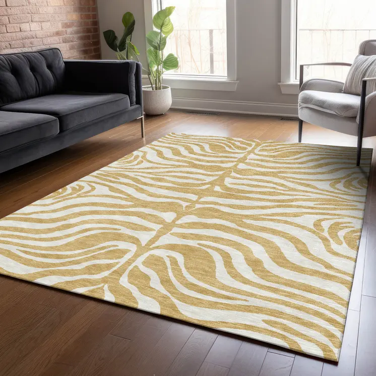 10' X 14' Gold And Ivory Animal Print Washable Indoor Outdoor Area Rug