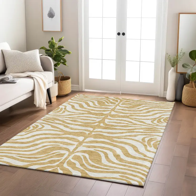 10' X 14' Gold And Ivory Animal Print Washable Indoor Outdoor Area Rug