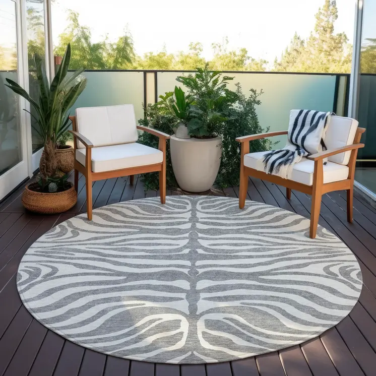 8' Gray And Ivory Round Animal Print Washable Indoor Outdoor Area Rug