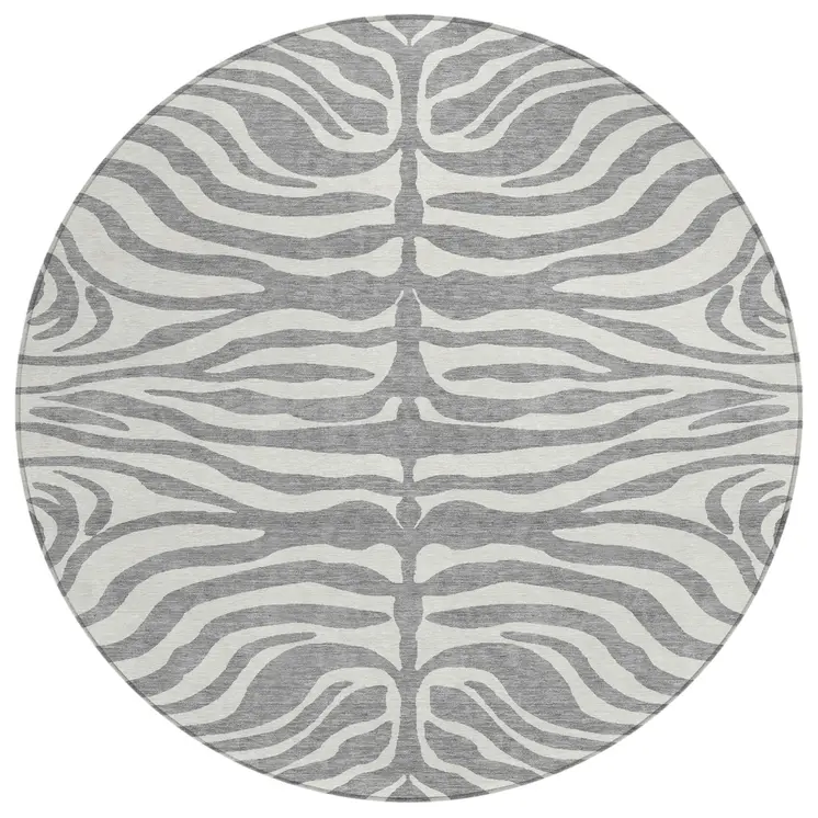 8' Gray And Ivory Round Animal Print Washable Indoor Outdoor Area Rug