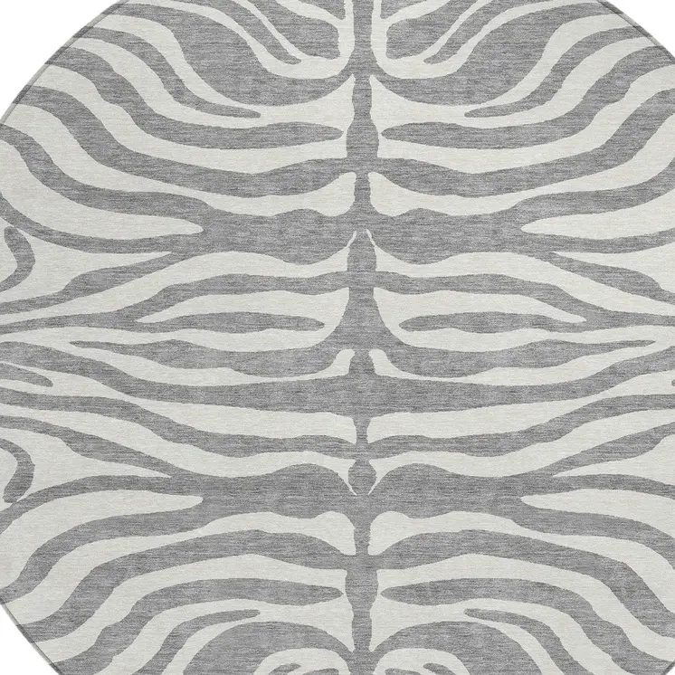 8' Gray And Ivory Round Animal Print Washable Indoor Outdoor Area Rug