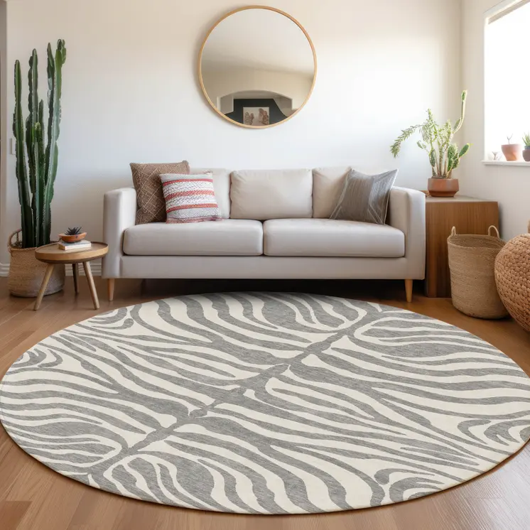 8' Gray And Ivory Round Animal Print Washable Indoor Outdoor Area Rug