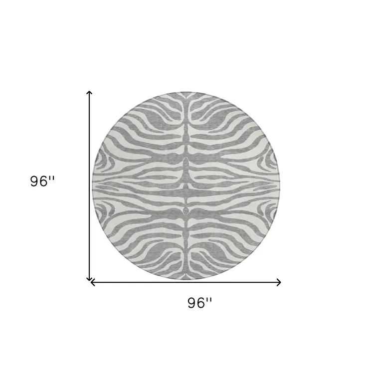 8' Gray And Ivory Round Animal Print Washable Indoor Outdoor Area Rug