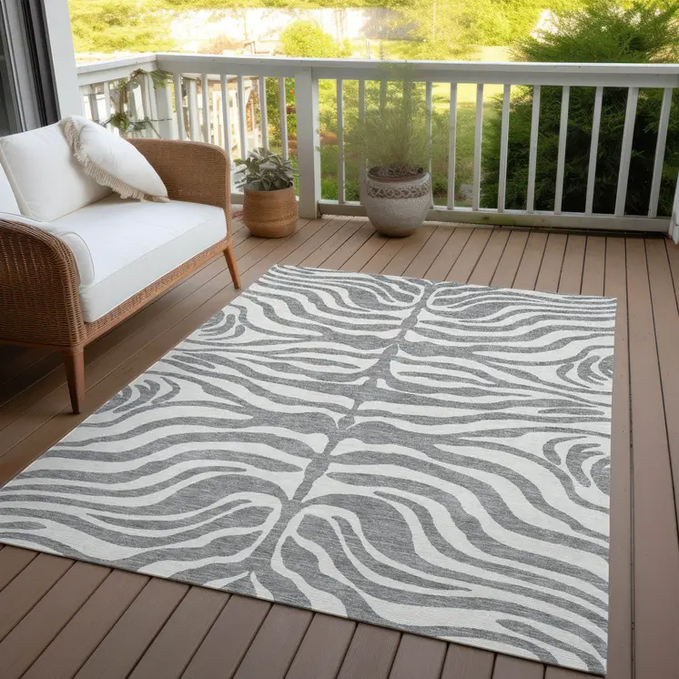 9' X 12' Gray And Ivory Animal Print Washable Indoor Outdoor Area Rug