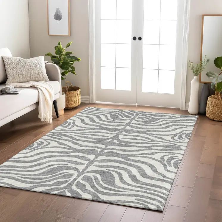 9' X 12' Gray And Ivory Animal Print Washable Indoor Outdoor Area Rug