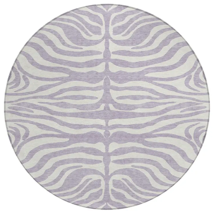8' Lavender And Ivory Round Animal Print Washable Indoor Outdoor Area Rug