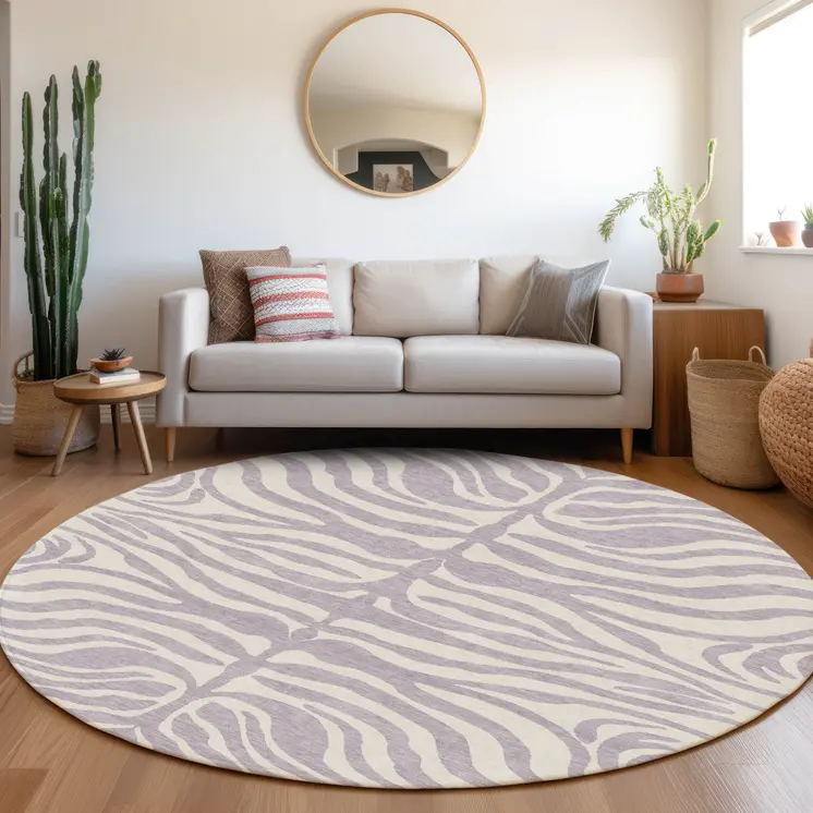 8' Lavender And Ivory Round Animal Print Washable Indoor Outdoor Area Rug