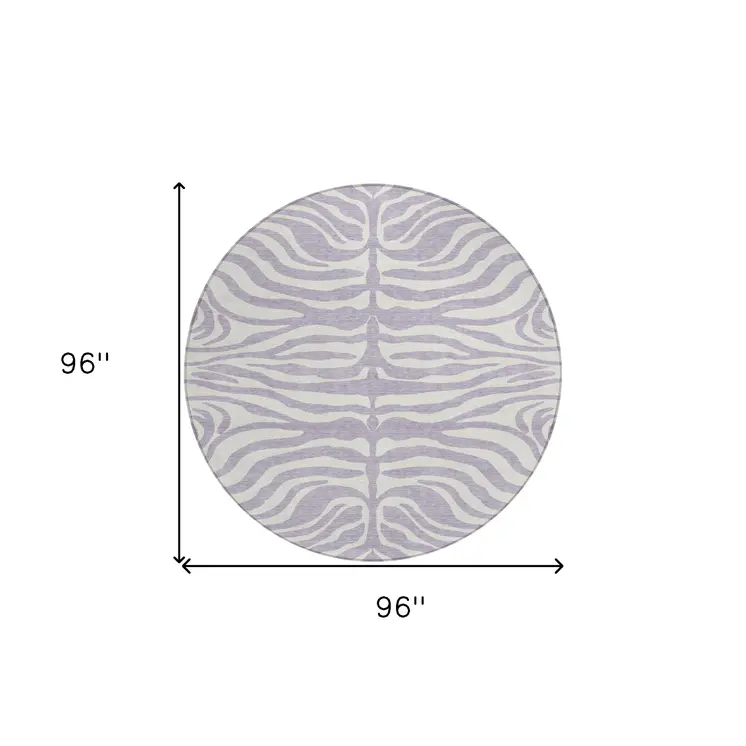 8' Lavender And Ivory Round Animal Print Washable Indoor Outdoor Area Rug