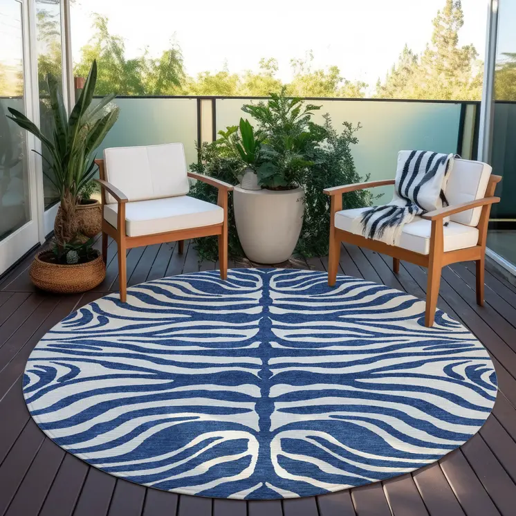 8' Navy Blue And Ivory Round Animal Print Washable Indoor Outdoor Area Rug
