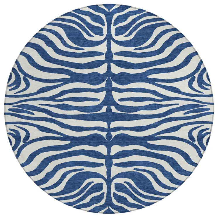 8' Navy Blue And Ivory Round Animal Print Washable Indoor Outdoor Area Rug