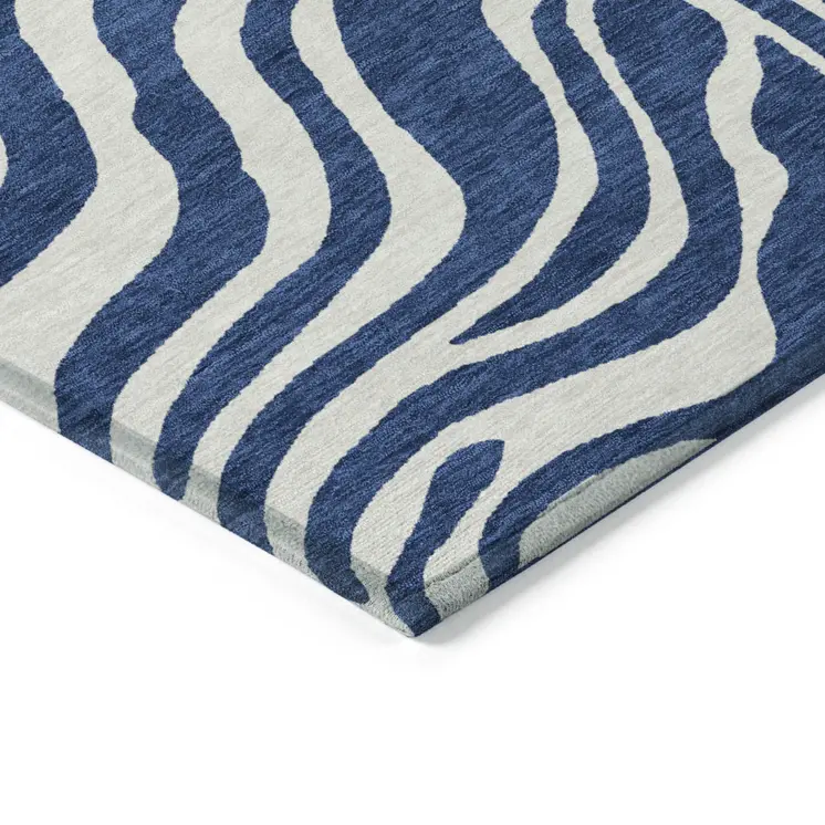 8' Navy Blue And Ivory Round Animal Print Washable Indoor Outdoor Area Rug