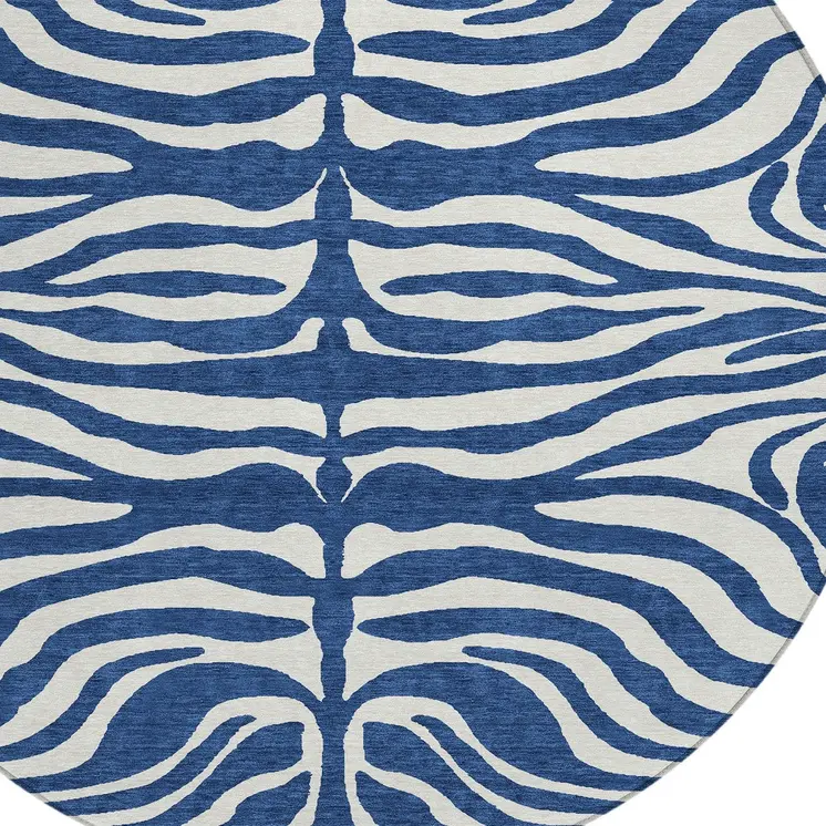 8' Navy Blue And Ivory Round Animal Print Washable Indoor Outdoor Area Rug