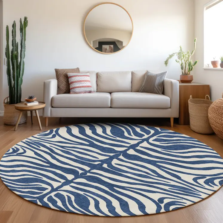 8' Navy Blue And Ivory Round Animal Print Washable Indoor Outdoor Area Rug