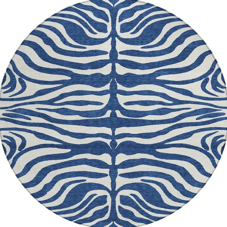 8' Navy Blue And Ivory Round Animal Print Washable Indoor Outdoor Area Rug