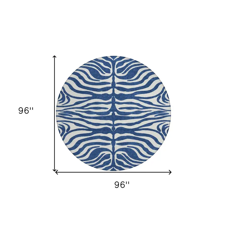 8' Navy Blue And Ivory Round Animal Print Washable Indoor Outdoor Area Rug
