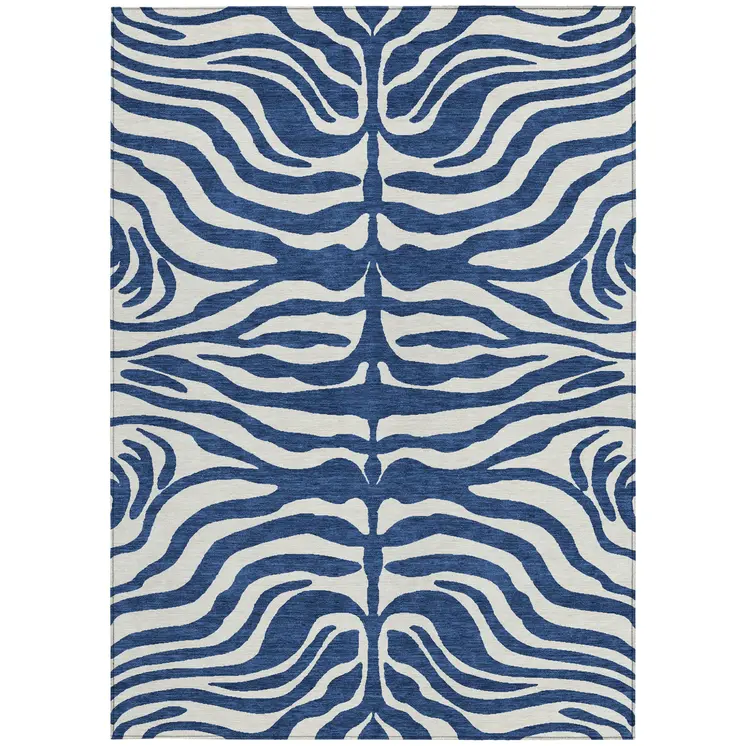 8' X 10' Navy Blue And Ivory Animal Print Washable Indoor Outdoor Area Rug