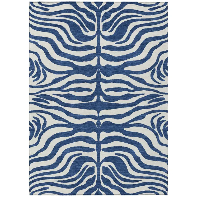 8' X 10' Navy Blue And Ivory Animal Print Washable Indoor Outdoor Area Rug
