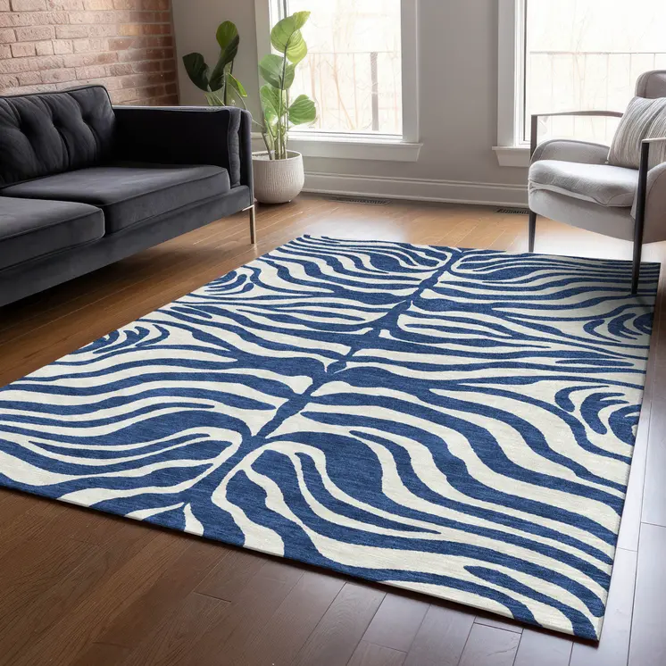 8' X 10' Navy Blue And Ivory Animal Print Washable Indoor Outdoor Area Rug
