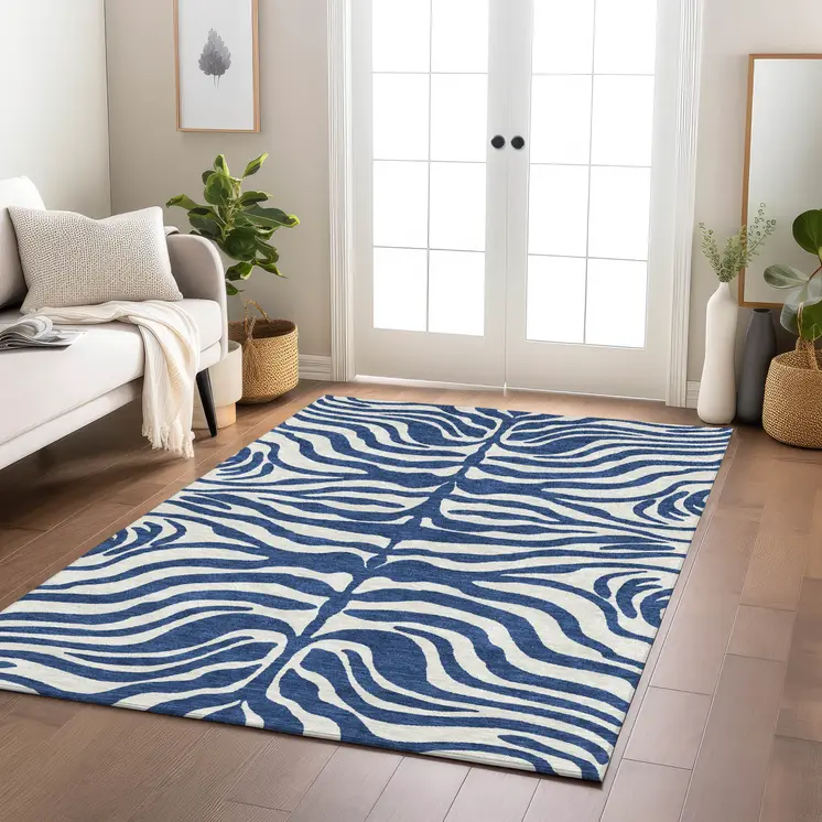 8' X 10' Navy Blue And Ivory Animal Print Washable Indoor Outdoor Area Rug
