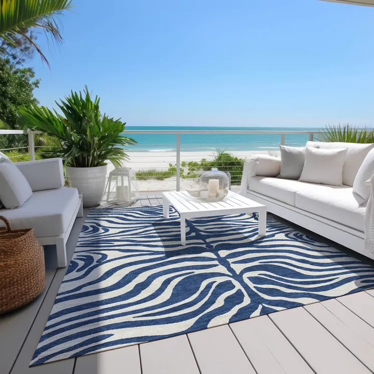 8' X 10' Navy Blue And Ivory Animal Print Washable Indoor Outdoor Area Rug