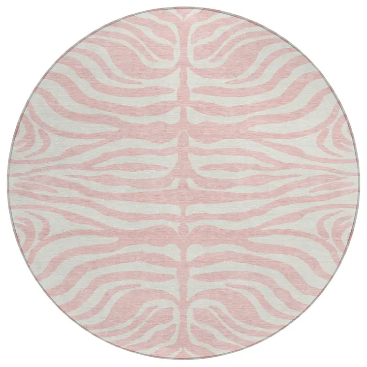 8' Pink And Gray Round Animal Print Washable Indoor Outdoor Area Rug