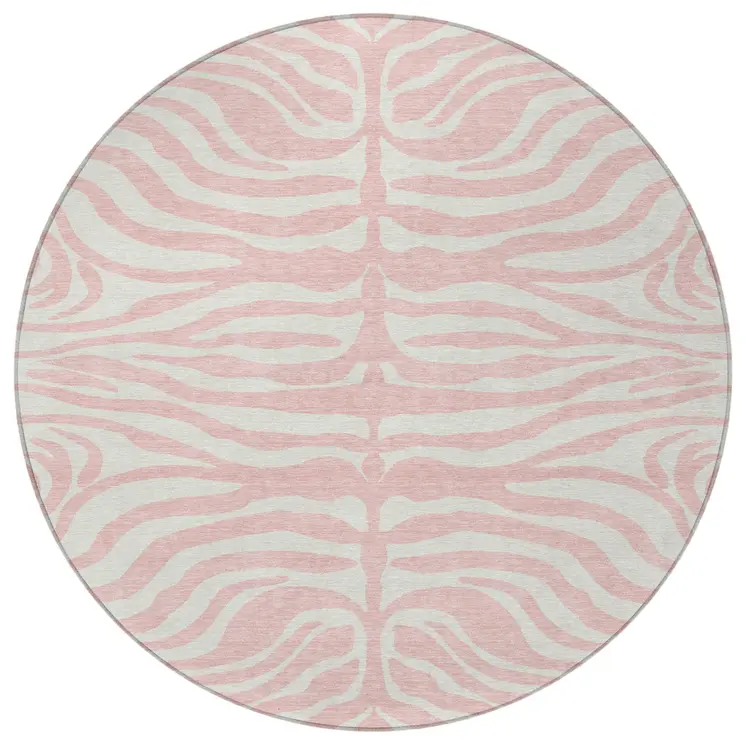 8' Pink And Gray Round Animal Print Washable Indoor Outdoor Area Rug