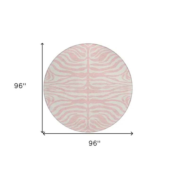 8' Pink And Gray Round Animal Print Washable Indoor Outdoor Area Rug