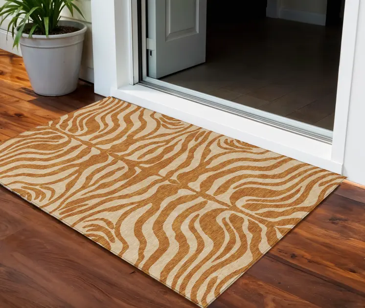 3' X 5' Copper And Tan Animal Print Washable Indoor Outdoor Area Rug