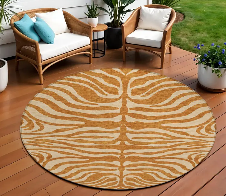 8' Copper And Tan Round Animal Print Washable Indoor Outdoor Area Rug