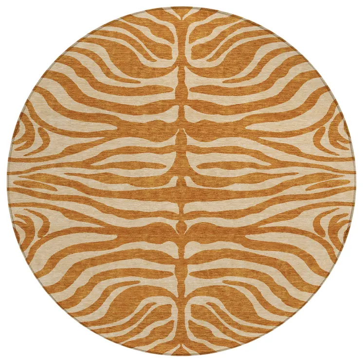 8' Copper And Tan Round Animal Print Washable Indoor Outdoor Area Rug