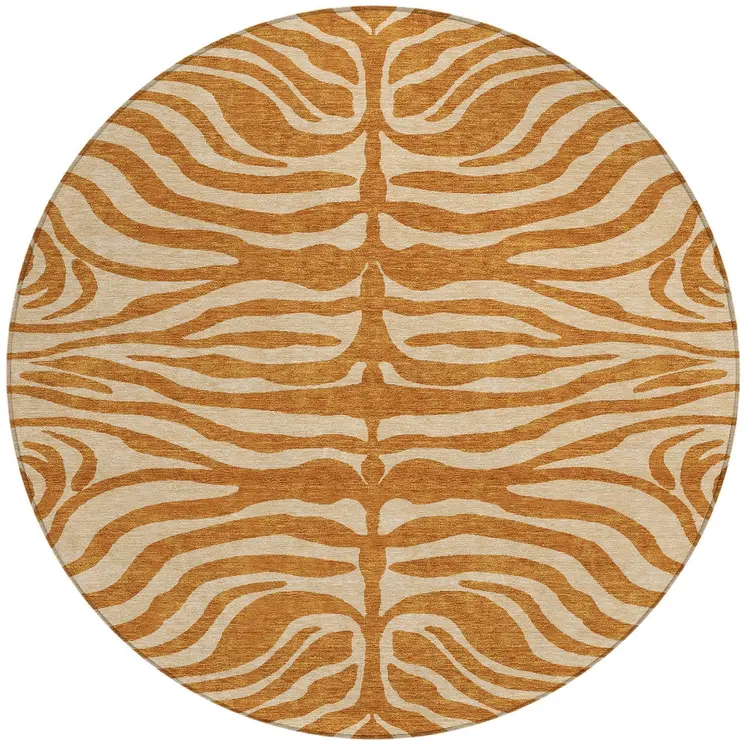 8' Copper And Tan Round Animal Print Washable Indoor Outdoor Area Rug