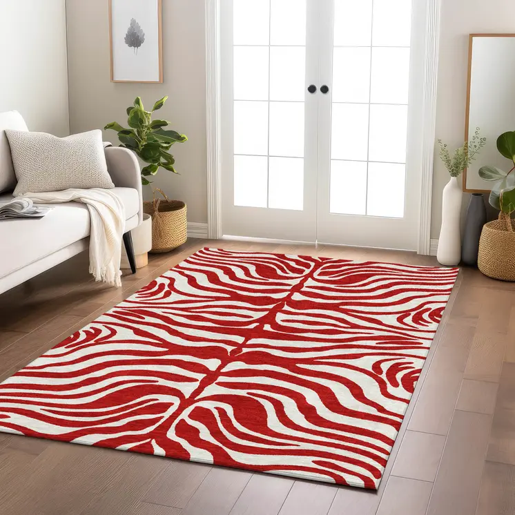 5' X 8' Red And Ivory Animal Print Washable Indoor Outdoor Area Rug