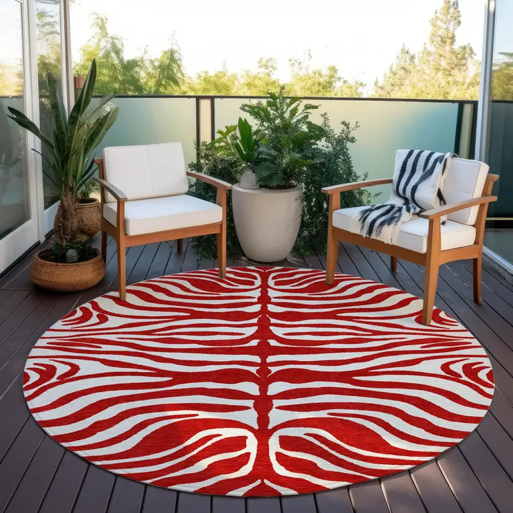 8' Red And Ivory Round Animal Print Washable Indoor Outdoor Area Rug