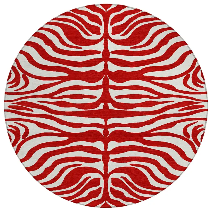 8' Red And Ivory Round Animal Print Washable Indoor Outdoor Area Rug