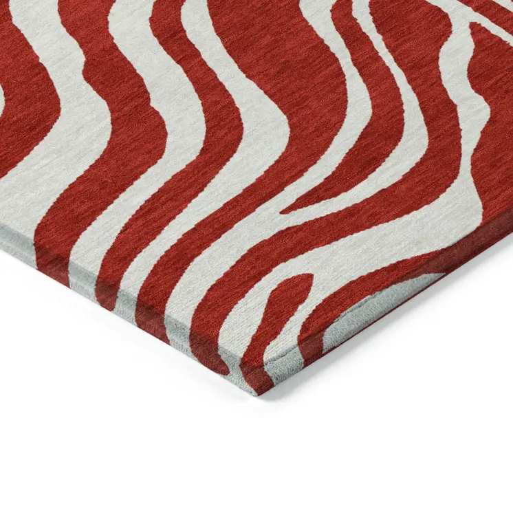 8' Red And Ivory Round Animal Print Washable Indoor Outdoor Area Rug