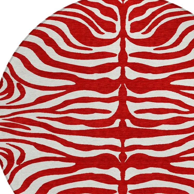 8' Red And Ivory Round Animal Print Washable Indoor Outdoor Area Rug
