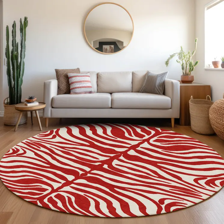 8' Red And Ivory Round Animal Print Washable Indoor Outdoor Area Rug