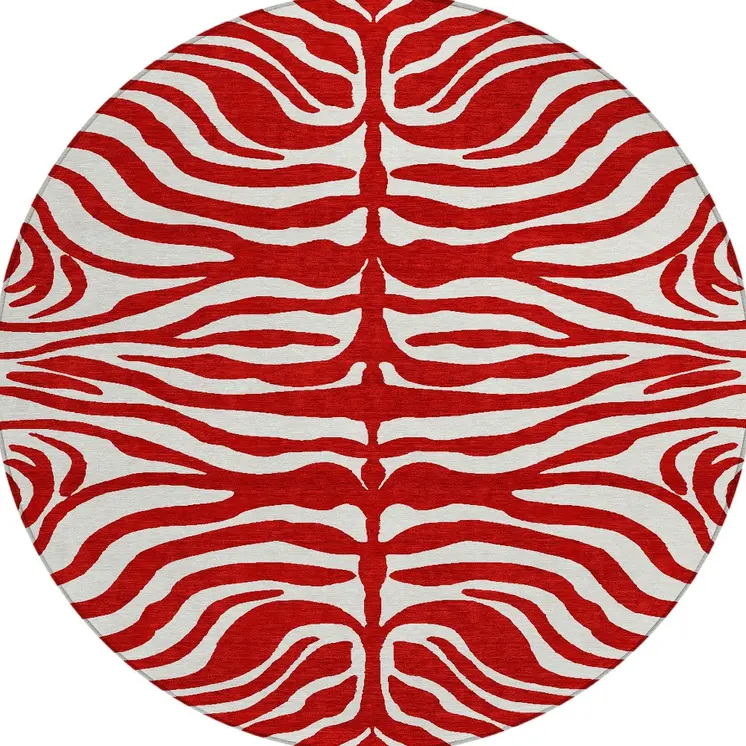 8' Red And Ivory Round Animal Print Washable Indoor Outdoor Area Rug