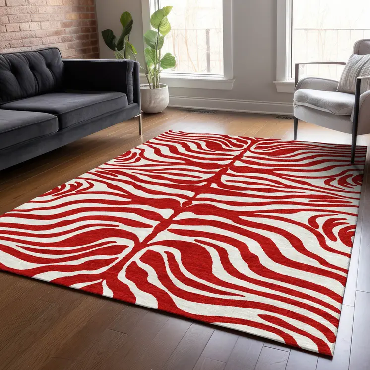 9' X 12' Red And Ivory Animal Print Washable Indoor Outdoor Area Rug